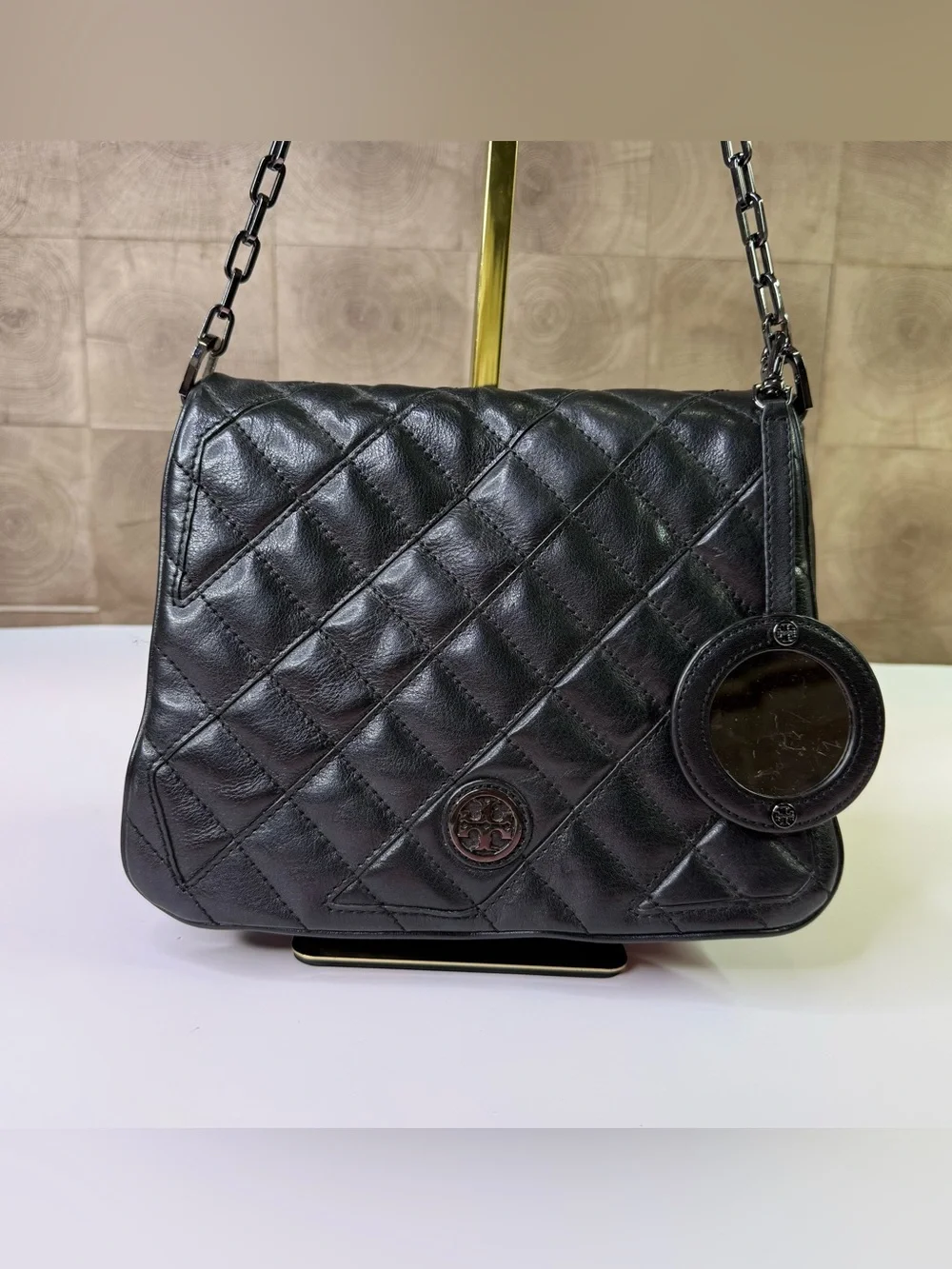 Tory Burch black quilted leather crossbody bag with chain strap